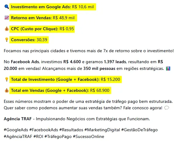 Resultado Agência TRAF — Google + Facebook Ads