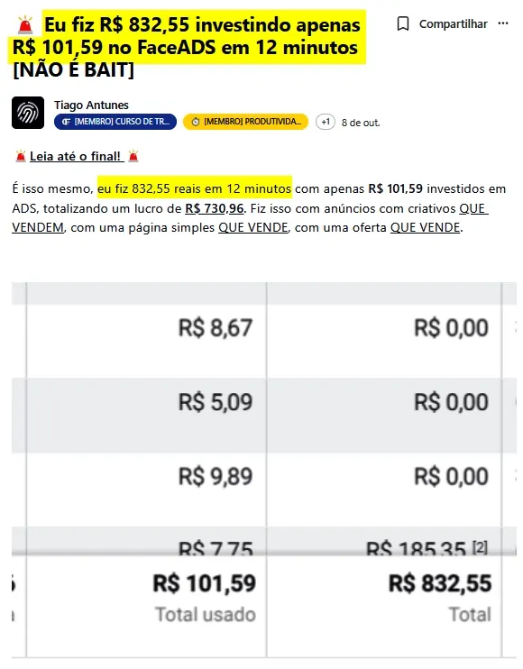Resultado Tiago Antunes — R$ 832 em 12 minutos